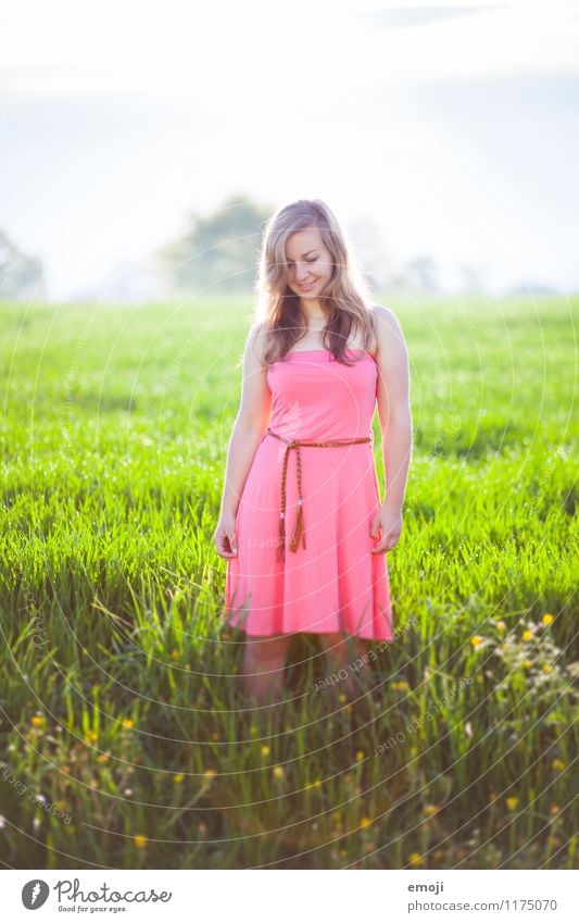 grapefruit feminin Junge Frau Jugendliche 1 Mensch 18-30 Jahre Erwachsene Umwelt Natur Landschaft Frühling Sommer Schönes Wetter Wiese Kleid Fröhlichkeit Glück