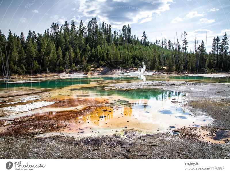 Wasserfarben Ferien & Urlaub & Reisen Tourismus Abenteuer Sommerurlaub Umwelt Natur Landschaft Himmel Sonnenlicht Schönes Wetter Nadelbaum Wald Hügel Vulkan