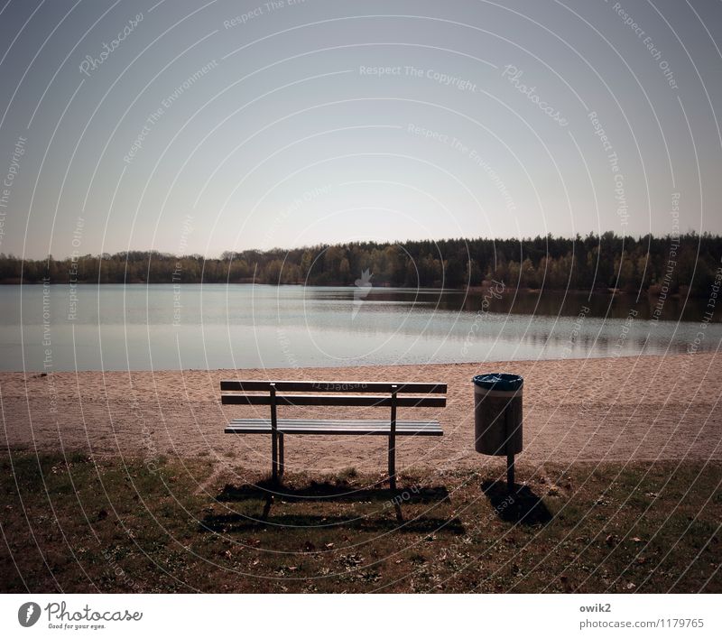 Sparbank Umwelt Natur Landschaft Wolkenloser Himmel Horizont Schönes Wetter Baum Seeufer Erholung ruhig Idylle Ferne Papierkorb Müllbehälter Außenaufnahme