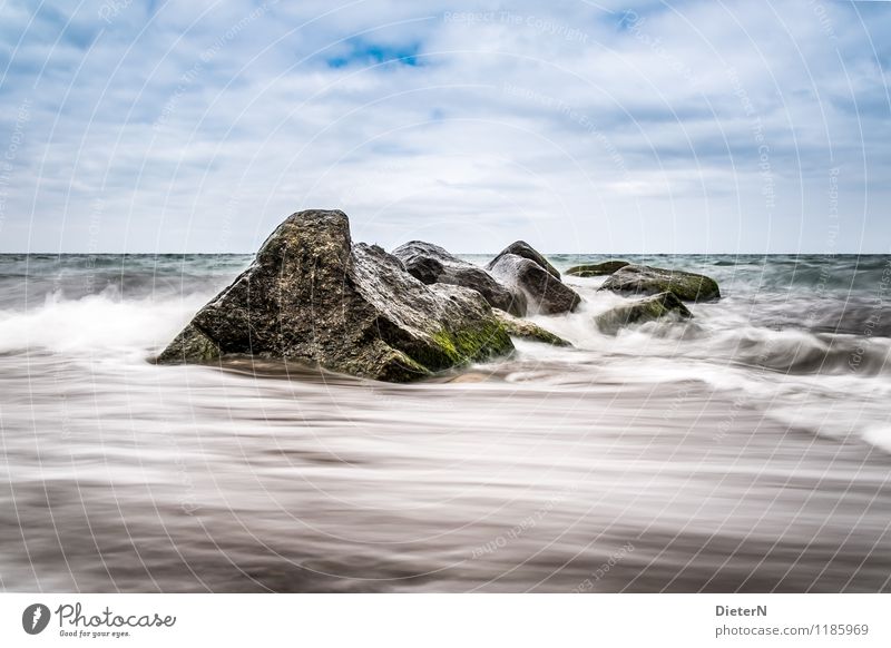 Strukturen Umwelt Natur Landschaft Wasser Himmel Wolken Horizont Wetter Schönes Wetter Wind Küste Ostsee Stein blau braun weiß Algen Felsen Wellen Farbfoto