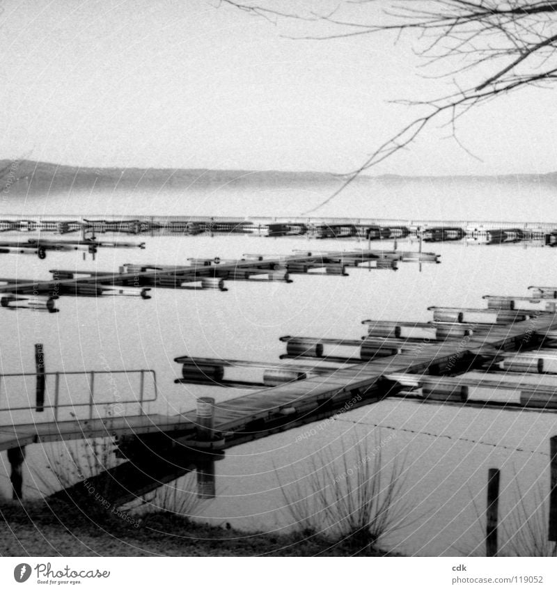 Stille am See Anlegestelle Steg Holz ruhig Menschenleer Glätte Denken Blick begreifen Platz kommen wegfahren überwintern Jahreszeiten Winter Stimmung Horizont