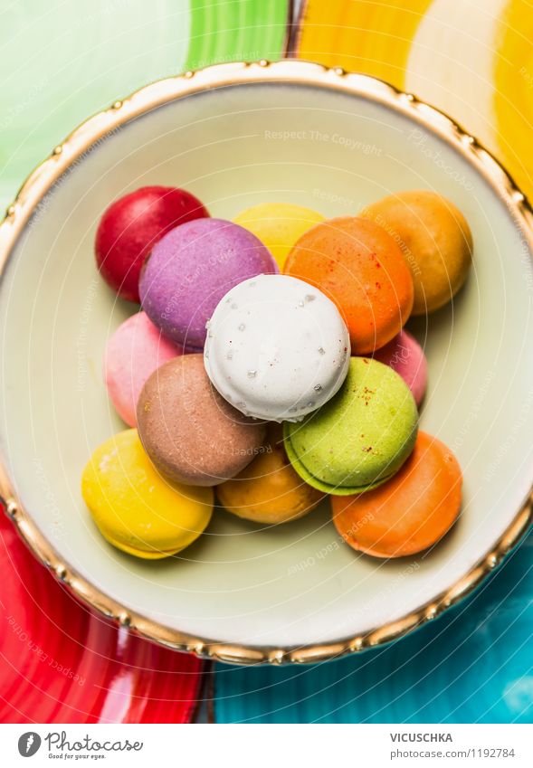 Bunte Macarons Dessert Süßwaren Schokolade Ernährung Stil Design Backwaren Keks Frankreich Küche Teller mehrfarbig schön lecker Patissie knusprig umhüllen zart