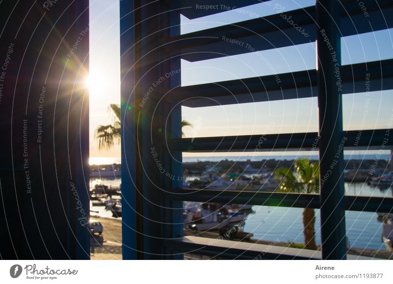 nie wieder | so früh aufstehn! Fenster Fensterladen Jalousie hell blau schwarz Hafen Sonnenlicht Wasserfahrzeug sommerlich aufstehen aufwachen Farbfoto