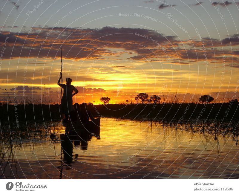 Sonnenuntergang im Okawango Delta Okavango Wasserfahrzeug Botswana Afrika Rudern Paddeln Kanu Kajak Sonnenaufgang Wolken Himmelskörper & Weltall Fluss Bach