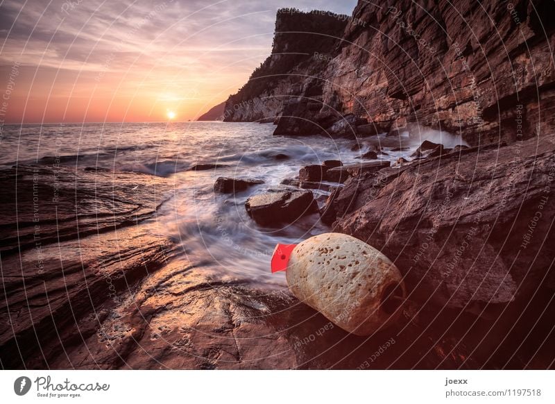 Hoffnung Landschaft Himmel Horizont Sonne Sonnenaufgang Sonnenuntergang Sonnenlicht Schönes Wetter Felsen Wellen Küste Meer Klippe Boje Stein Kunststoff hoch