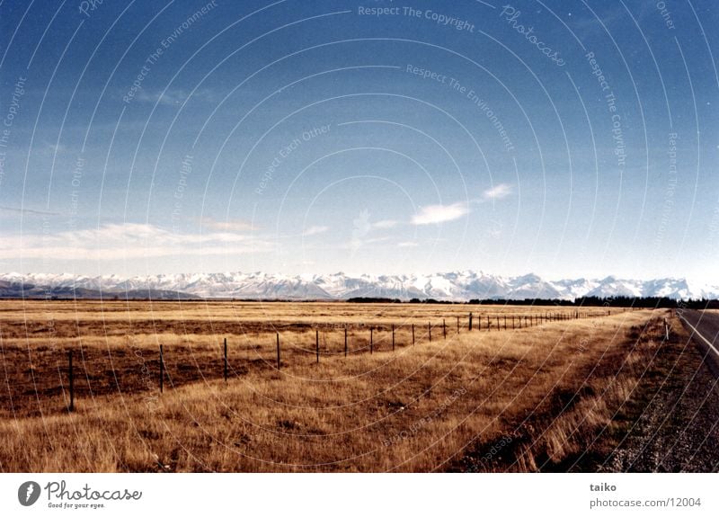 McKenzie-Country Neuseeland Südinsel Gipfel Schnee Steppe Gras braun trocken Wolken Einsamkeit Menschenleer Himmel gelb Australien Berge u. Gebirge Alpen Ferne