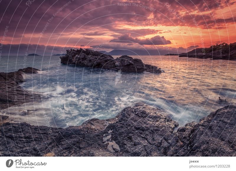 Ein Meer sein Sommerurlaub Natur Landschaft Wasser Himmel Wolken Sonnenaufgang Sonnenuntergang Schönes Wetter Felsen Wellen Küste wild braun orange Ferne Lava