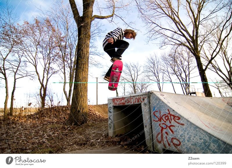 backside 180° Konzentration fahren Skateboarding Zufahrtsstraße Teer Geschwindigkeit Sport Aktion gestreift Stil Jugendliche lässig Knie Baum Basketballkorb