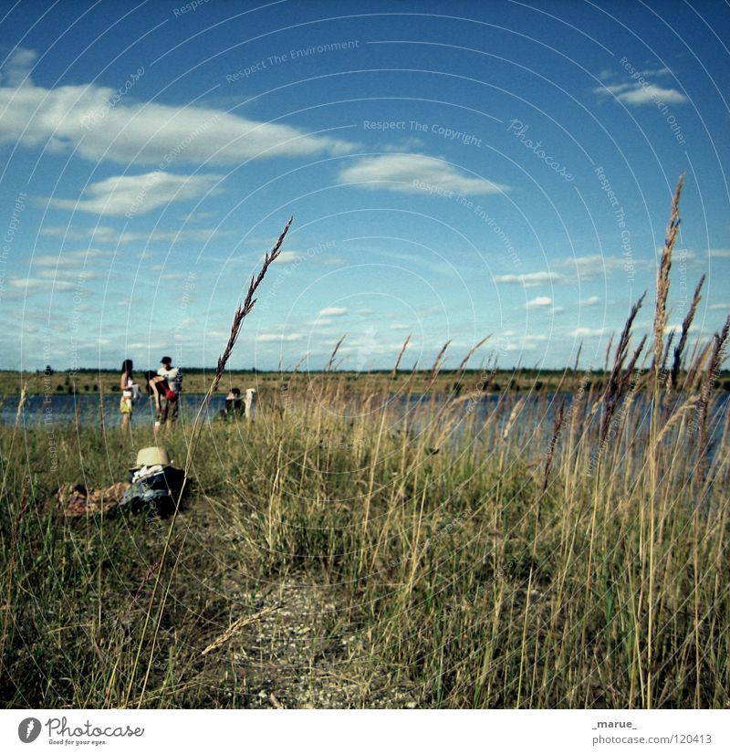 Ein_unvergesslicher_Sommer Wolken Schilfrohr Strand Mensch Picknick Ferien & Urlaub & Reisen Gras Meer See Riff Halm Stroh Dinge Bekleidung Brise braun grau