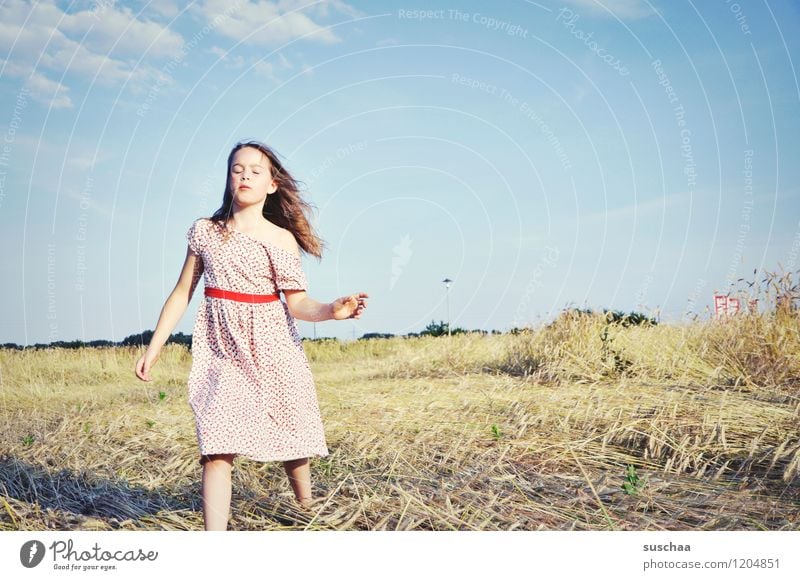 es war einmal im sommer ........ Kind Mädchen weiblich junges Mädchen Gesicht Arme Hand Haare & Frisuren Kleid Außenaufnahme Feld Himmel Natur Landschaft Sommer