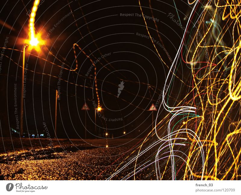 You are not alone Nacht Nachtaufnahme Langzeitbelichtung Asphalt Beton Laterne Lampe Licht leer Verkehr Fahrbahn weiß gelb dunkel Baum schwarz