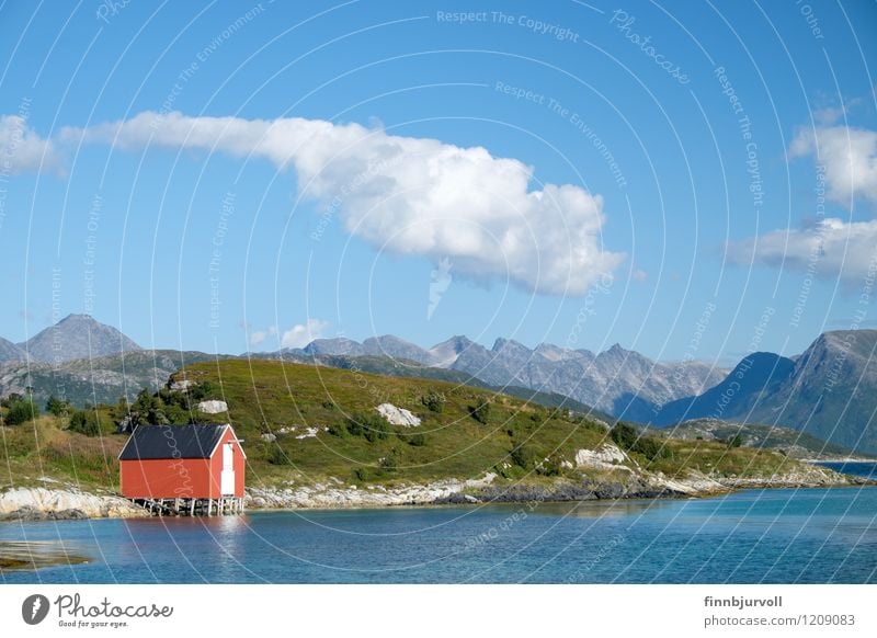 Bootshaus bei Sommaroy in der Nähe des Polarkreises Sommer Berge u. Gebirge Himmel Wolken Baum Blume Gras Hütte blau grün Arktis kreisen Eidkjosen Norden