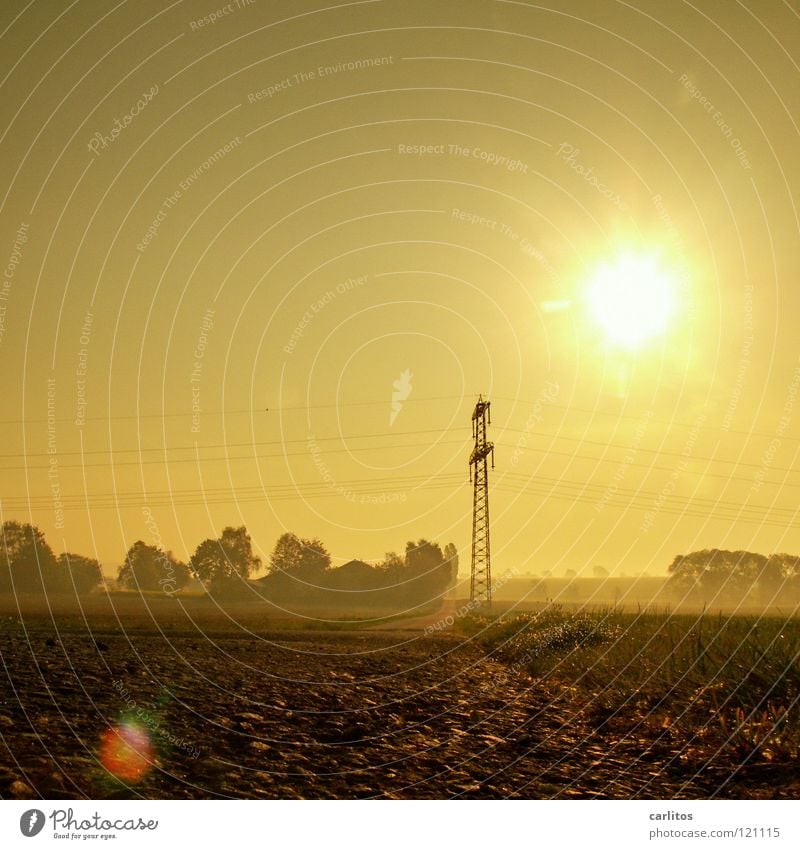 Fehlfarbiges Strommast-Quadrat Hautfalten unverträglich Sonnenaufgang Gegenlicht blenden Morgennebel diffus Weißabgleich Gelbstich Physik Freundlichkeit