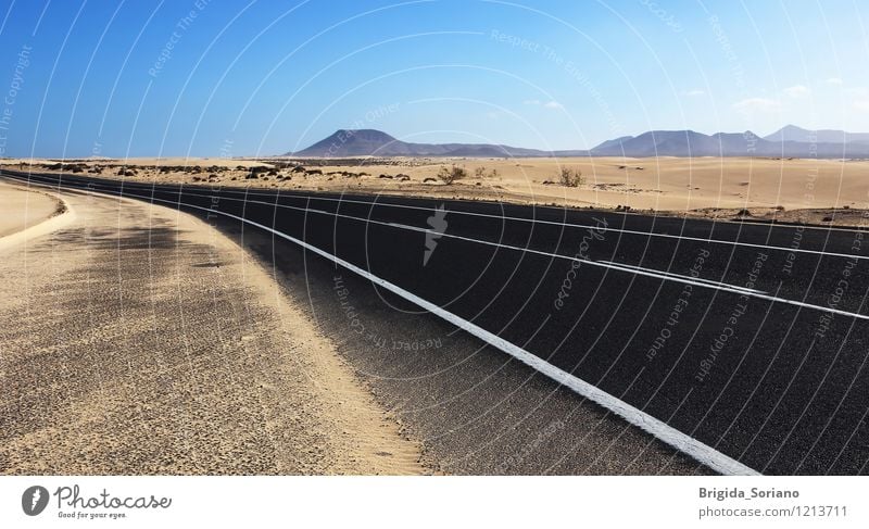 Straße durch die Wüste ruhig Ferien & Urlaub & Reisen Ausflug Freiheit Sommer Sonne Natur Landschaft Horizont Wind Vulkan Verkehr Wege & Pfade Autobahn