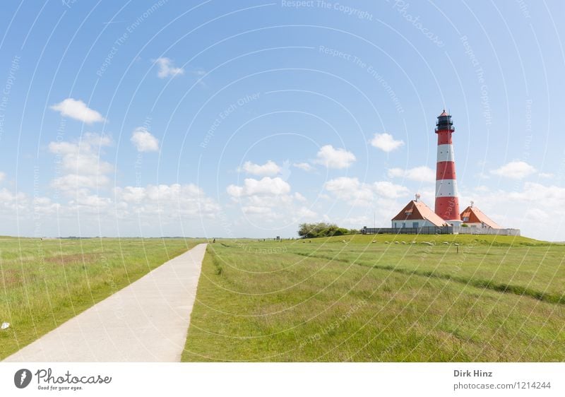 Westerhever Leuchtturm V Sehenswürdigkeit Wahrzeichen Denkmal blau grün rot Navigation Fernweh Orientierung Horizont Richtung Leitsystem Wege & Pfade Wegweiser