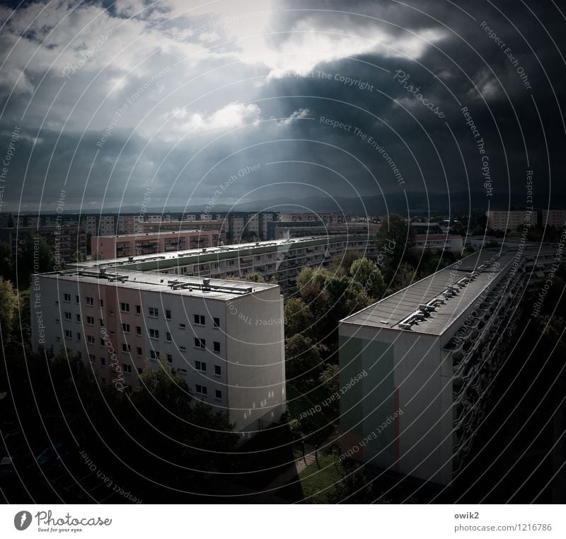 Carré Umwelt Himmel Wolken Klima Schönes Wetter Baum Kleinstadt Stadtrand bevölkert Haus Hochhaus Gebäude Architektur Plattenbau Stadtteil Wohngebiet Mauer Wand