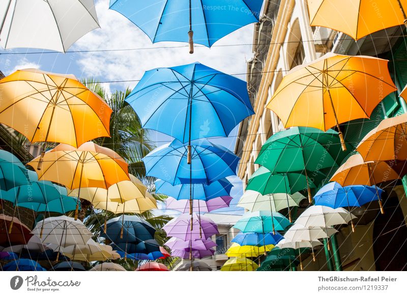 Schirme Kunst Kunstwerk blau mehrfarbig gelb gold grau grün violett orange rosa schwarz weiß Farbstoff Sonnenschirm ästhetisch Wolken Mauritius Muster