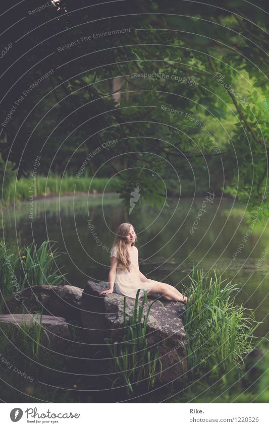 Moment. Mensch feminin Junge Frau Jugendliche Erwachsene 1 Umwelt Natur Landschaft Sommer Pflanze Baum Sträucher Park Seeufer Teich Kleid blond langhaarig