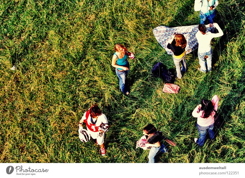 ::Group:: Wiese Gras grün Sommer Physik Picknick stehen Vogelperspektive Frau Mann schön mehrfarbig Mensch Wärme Decke Ball Düsseldorf Rhein Jugendliche Freude