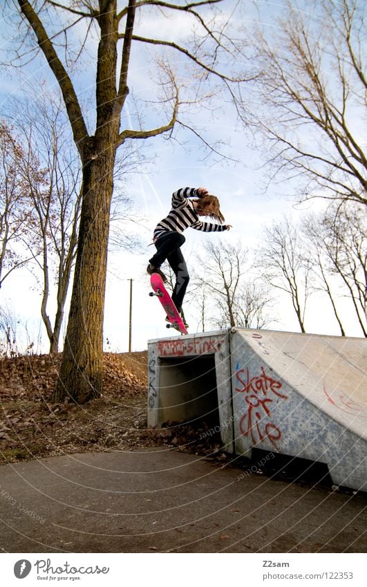 backside 180° Konzentration fahren Zufahrtsstraße Teer Geschwindigkeit Sport Aktion gestreift Stil Jugendliche lässig Knie Baum Basketballkorb Korb Bewegung