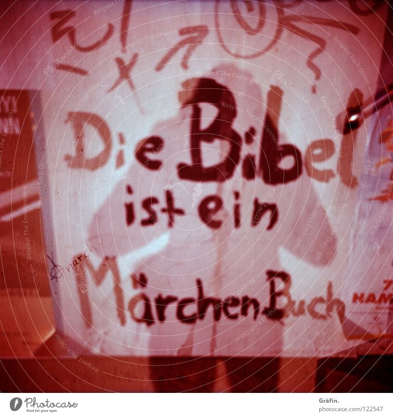 ...steht auf S. 1309 Bibel Buch Plakat Kritzelei Fotograf Buchstaben Mittelformat vervielfältigen Märchen Schriftzeichen Mauer violett rosa Rollfilm Lomografie