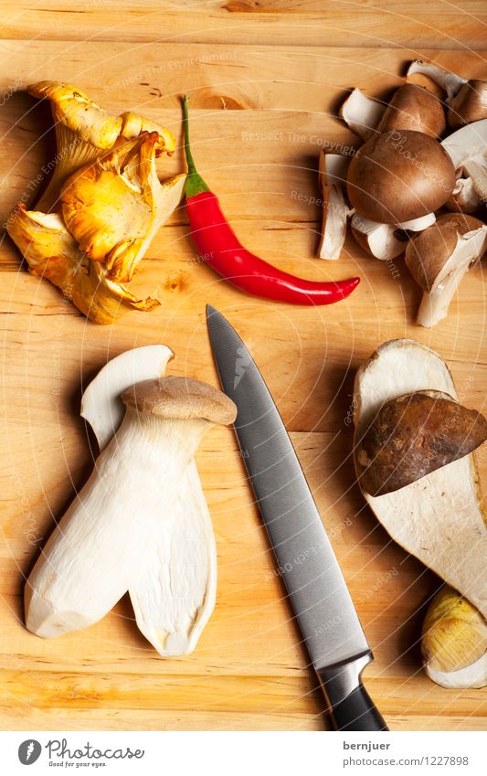 Herbstzeit, Pilzzeit Vegetarische Ernährung Diät Tisch Natur Holz lecker braun Messer Klinge essbar Essen Feinschmecker roh natürlich pflanzlich Saison Bio