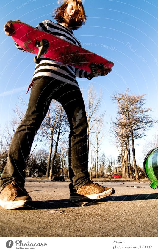 I am ready fertig Stimmung Skateboarding Zufriedenheit gestreift Teer Beton Licht Baum Weitwinkel Jugendliche Sport Park stehen rosa Sommer hell-blau Funsport