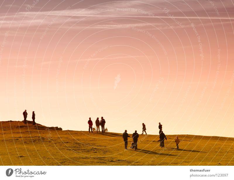 Menschen auf Berg vor Sonnenuntergang Franken Am Rand Winter Hund eng Sehnsucht Menschengruppe schön Himmel Walberla Sonntagsspaziergang Sonnensuchende