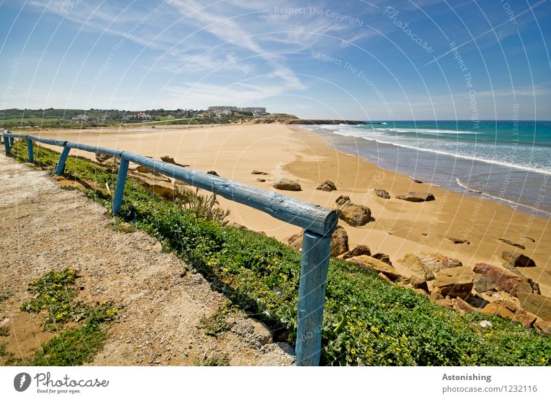 verlassener Strand Umwelt Natur Landschaft Pflanze Luft Wasser Himmel Horizont Sommer Wetter Schönes Wetter Blume Gras Felsen Wellen Küste Meer Atlantik Sand