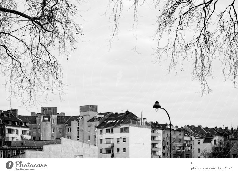 urban Himmel Herbst Winter Düsseldorf Stadt Haus Gebäude Architektur Straßenbeleuchtung Häusliches Leben Schwarzweißfoto Außenaufnahme Menschenleer Tag