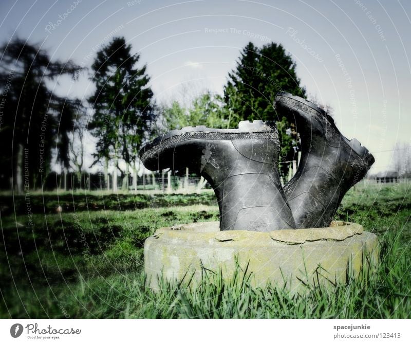 Auf dem Weg nach China Stiefel Gummistiefel Baum Feld Wiese Moor Außenaufnahme Brunnen tauchen Landwirt Landwirtschaft Ackerbau Wegrand skurril Humor Freude