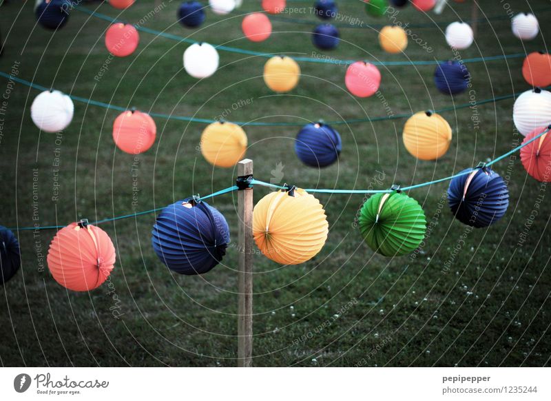 Lampions Freizeit & Hobby Häusliches Leben Party Feste & Feiern Sommer Gras Garten Park Wiese Kugel Linie Schnur hängen leuchten retro rund mehrfarbig