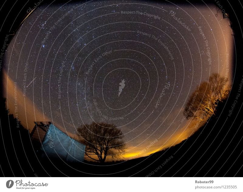 Unendliche Weiten Himmel Stern Horizont Feld Wald Hütte ruhig Neugier Farbfoto Außenaufnahme Nacht Lichterscheinung Langzeitbelichtung Fischauge