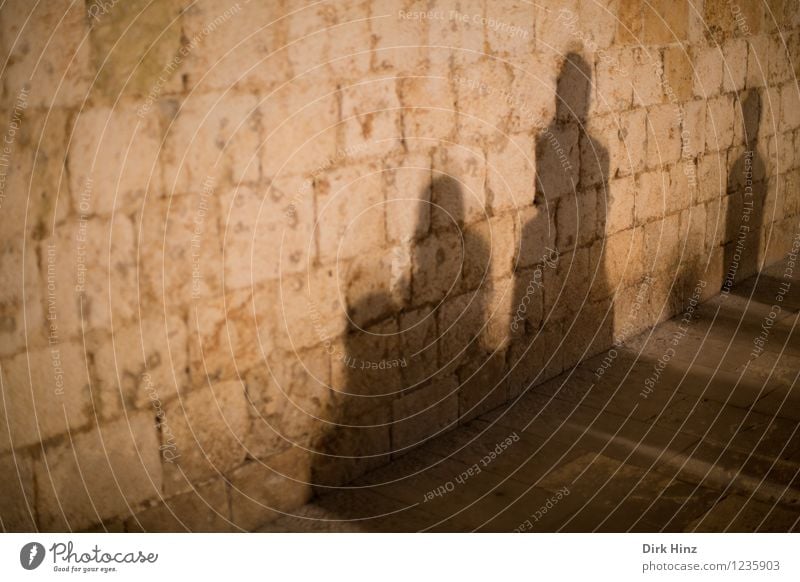 Schattengesellschaft Mensch 4 Menschengruppe Burg oder Schloss Bauwerk Gebäude Mauer Wand beobachten stehen warten Zusammensein braun gold Stimmung gefährlich