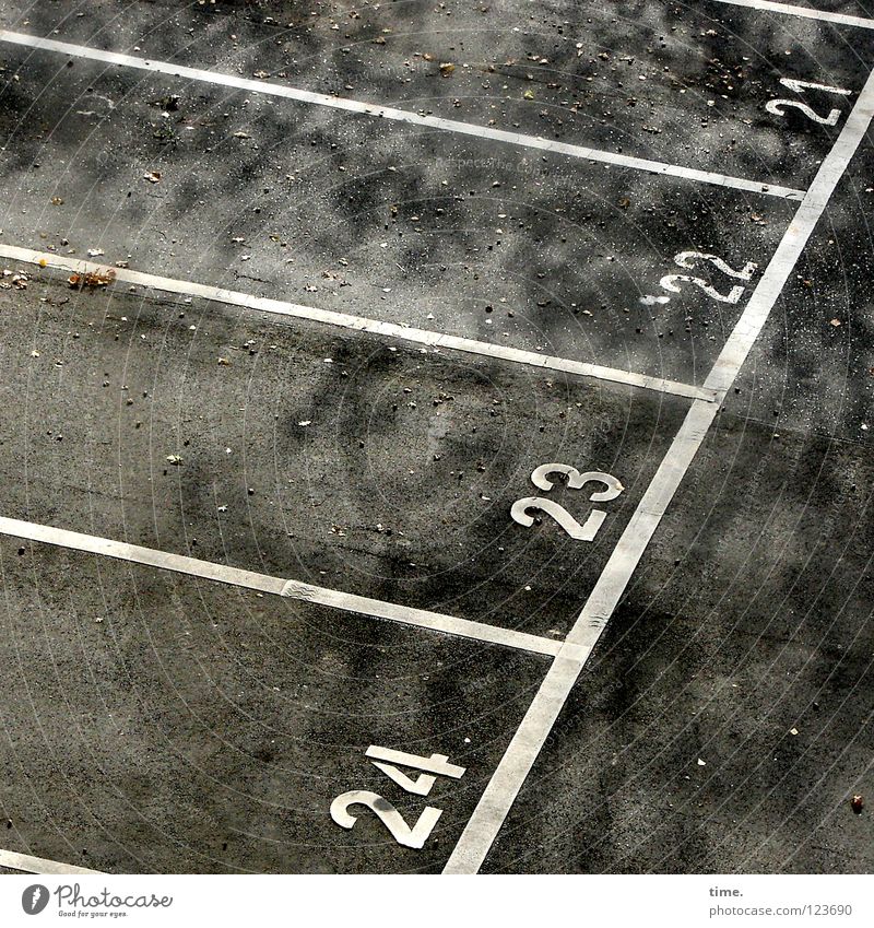 Vier Plätzchen im Halbschatten Parkplatz parken Parkdeck Ziffern & Zahlen Asphalt Streifen 21 23 KFZ Verkehrswege Zufriedenheit Parkmöglichkeit