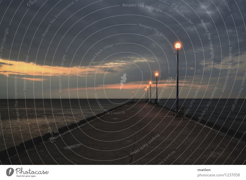 Seeweg Landschaft Sand Wasser Himmel Wolken Nachthimmel Horizont Sonnenaufgang Sonnenuntergang Wetter Küste Strand Ostsee Menschenleer blau braun grau rosa Mole