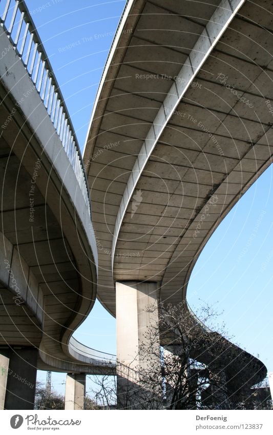 Neusser Beton Autobrücke geschwungen Kreis Neuss Brücke Straße von unten Pfeilerkonstruktion Blauer Himmel