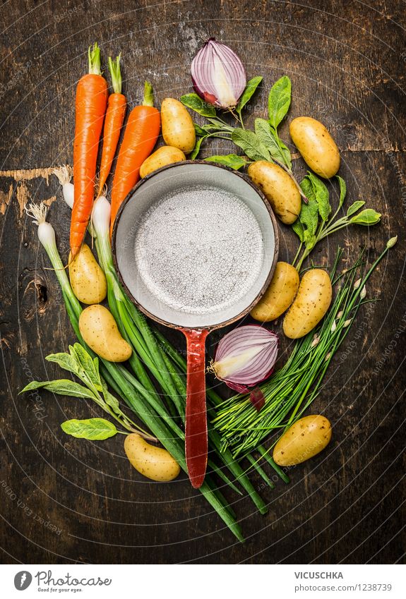 Frisches Gemüse aus dem Garten und alte Topf Lebensmittel Kräuter & Gewürze Ernährung Mittagessen Abendessen Festessen Bioprodukte Vegetarische Ernährung Diät