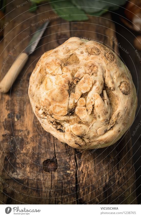 Gesunde Sellerieknolle auf rustikalem Holztisch Lebensmittel Gemüse Ernährung Bioprodukte Vegetarische Ernährung Diät Stil Design Gesunde Ernährung Garten Natur