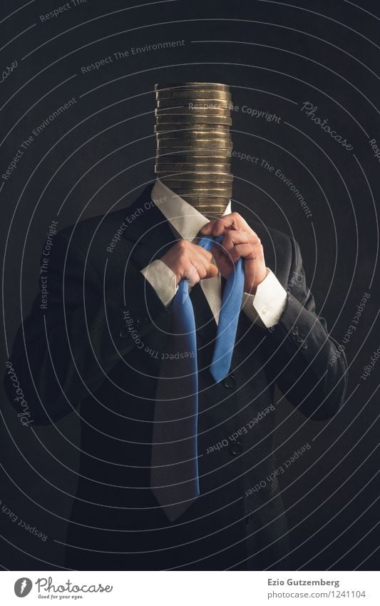 Symbol Businessman in Suit with stack of coins instead a head Beruf Büroarbeit Wirtschaft Handel Börse Geldinstitut Unternehmen Karriere Erfolg Mensch maskulin