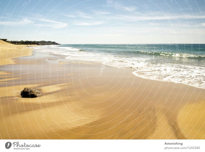 Rückzug Umwelt Natur Landschaft Sand Wasser Himmel Wolken Horizont Sommer Wetter Schönes Wetter Wärme Hügel Felsen Wellen Küste Meer Atlantik Marokko Stein blau