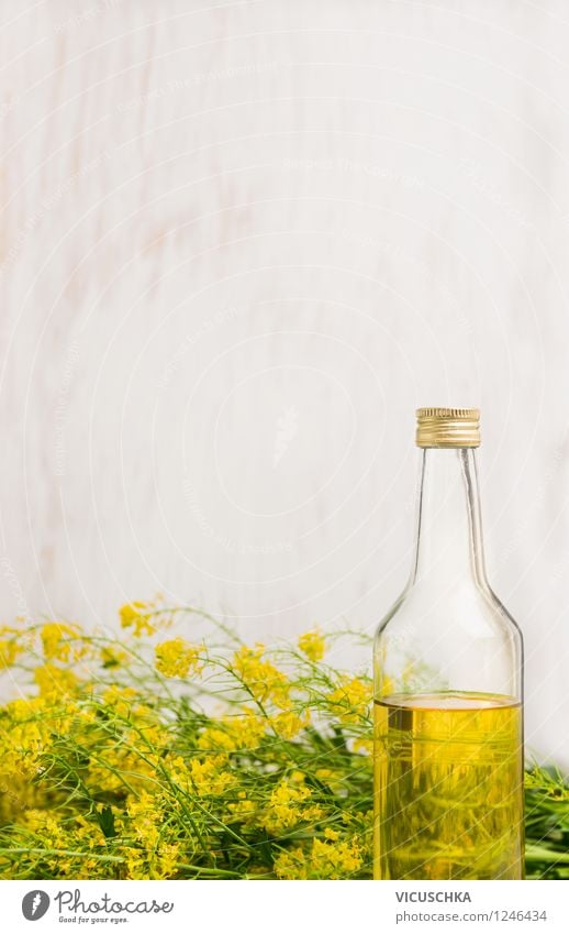 Raps Öl in Flasche auf weißem Holz Hintergrund Lebensmittel Kräuter & Gewürze Ernährung Bioprodukte Vegetarische Ernährung Diät Stil Design Gesunde Ernährung