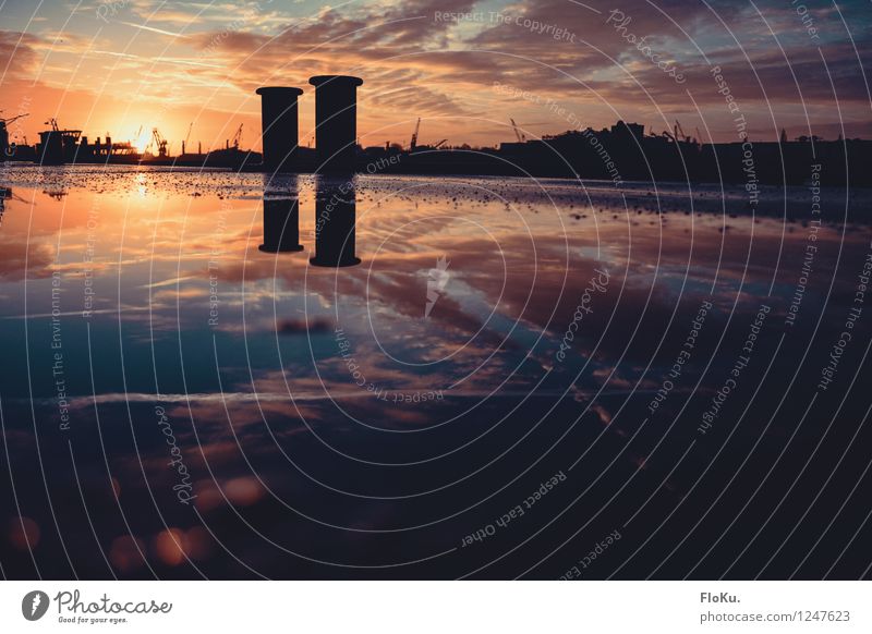 glühender Start in den Tag Tourismus Umwelt Urelemente Wasser Himmel Wolken Sonne Sonnenaufgang Sonnenuntergang Sonnenlicht Schönes Wetter Fluss Elbe Hamburg