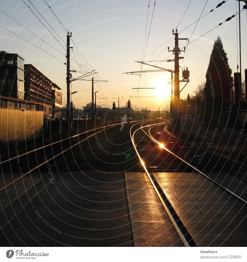 Ankunft bei Sonnenuntergang Gleise Eisenbahn Bahnübergang Elektrizität Haus Baum Licht Gegenlicht Bahnhof Verkehr Himmel Verbindung Abend Straße Leitung