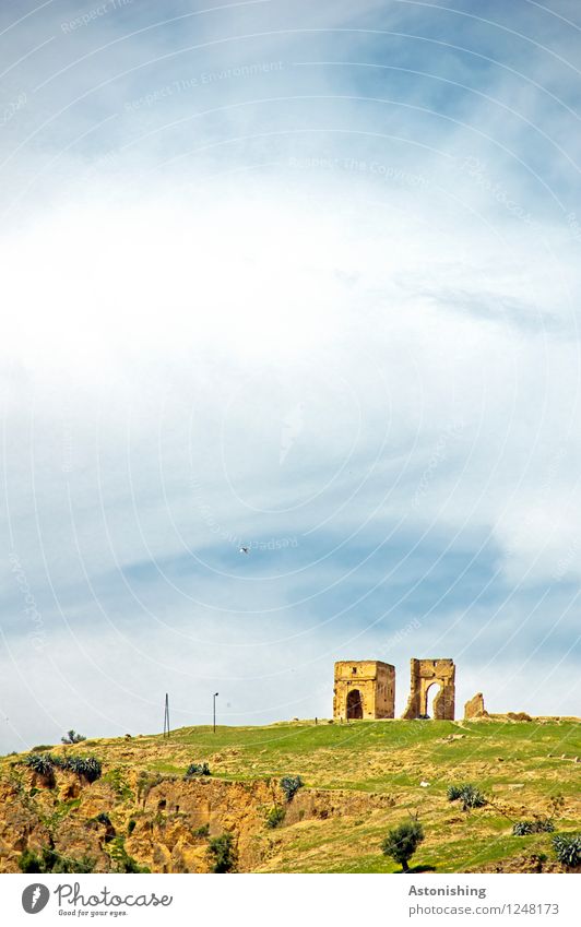 Ruine Umwelt Natur Landschaft Pflanze Himmel Wolken Horizont Wetter Schönes Wetter Baum Gras Hügel Felsen Fes Marokko Turm Tor Bauwerk Gebäude Tür Stein hoch