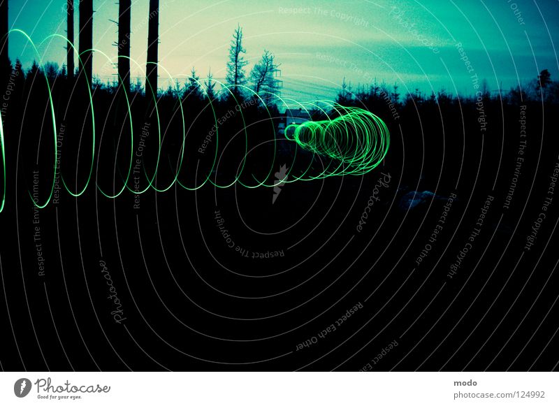 Tunnel Licht Wald Baum dunkel Taschenlampe Leuchtdiode drehen kreisen Langzeitbelichtung grün Kreis hell Surrealismus Kraftfeld Magnetfeld. Crossentwicklung