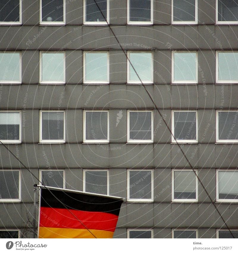 Fahne vor Platte Haus Wand Fenster Fensterfront grau Reflexion & Spiegelung Draht Rechteck Stoff Wahrzeichen Dekoration & Verzierung Leitung Tuch Deutschland