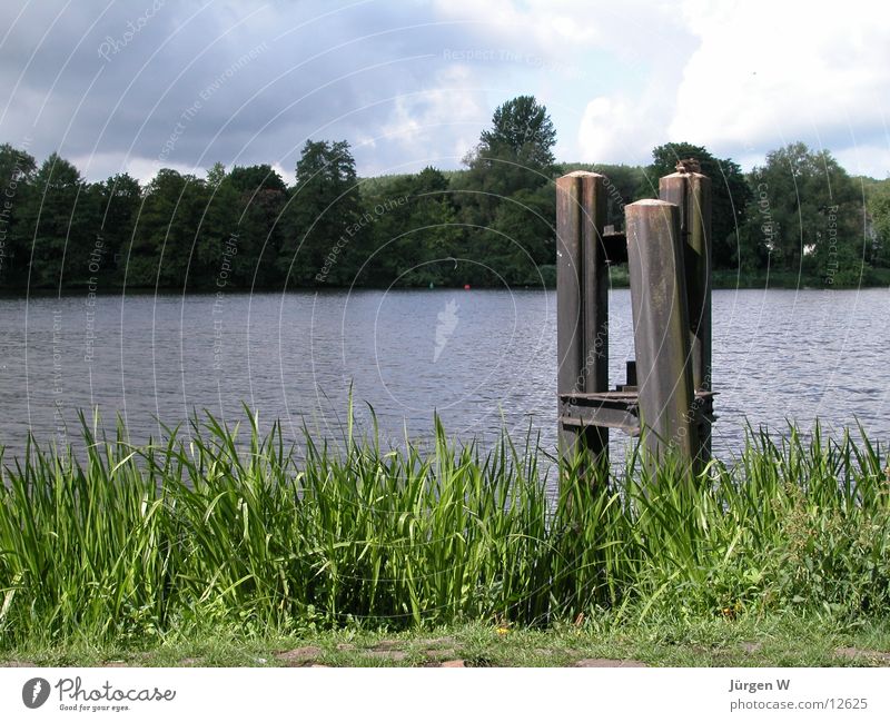 Seeufer Anlegestelle ruhig Gras Wolken Dock Himmel Wasser Küste Ernährung blau lake water silence grass sky blue clouds