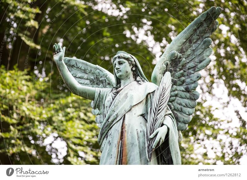 Hail thee androgyn 1 Mensch grün selbstbewußt Engel Statue abweisend Feder Kupfer Rost Hamburg Ohlsdorfer Friedhof Trauer Farbfoto Gedeckte Farben Außenaufnahme