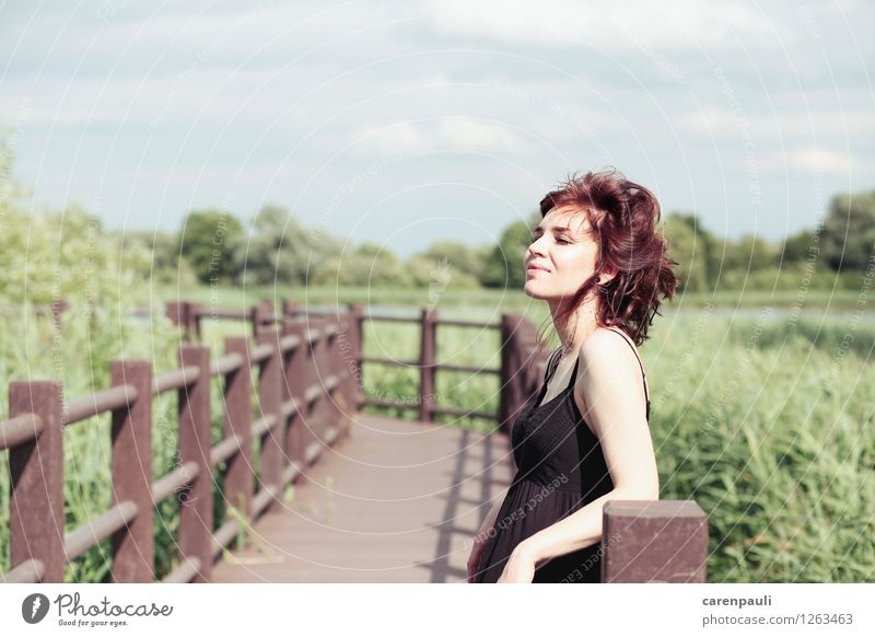 On the footbridge Sommer feminin Junge Frau Jugendliche 1 Mensch 18-30 Jahre Erwachsene Natur Himmel Sonne Schönes Wetter Wärme Gras Wiese Dorf brünett Erholung